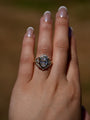 Close-up of a hand wearing an ornate ring with a large gemstone against a blurred background