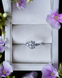Diamond ring in a box with purple flowers around