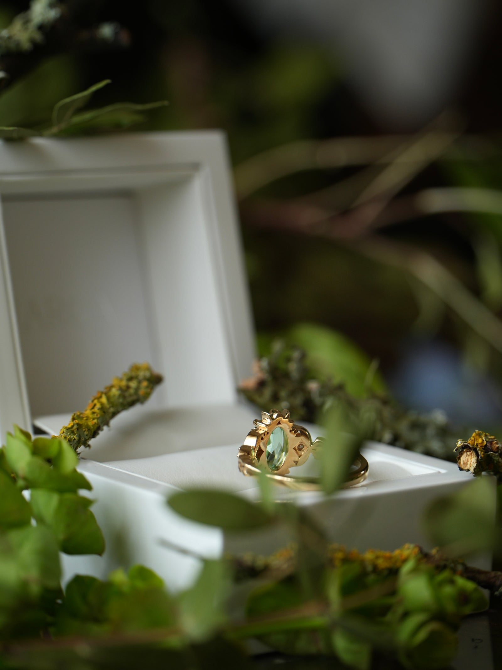 Gold ring with a green gemstone in a white box surrounded by greenery