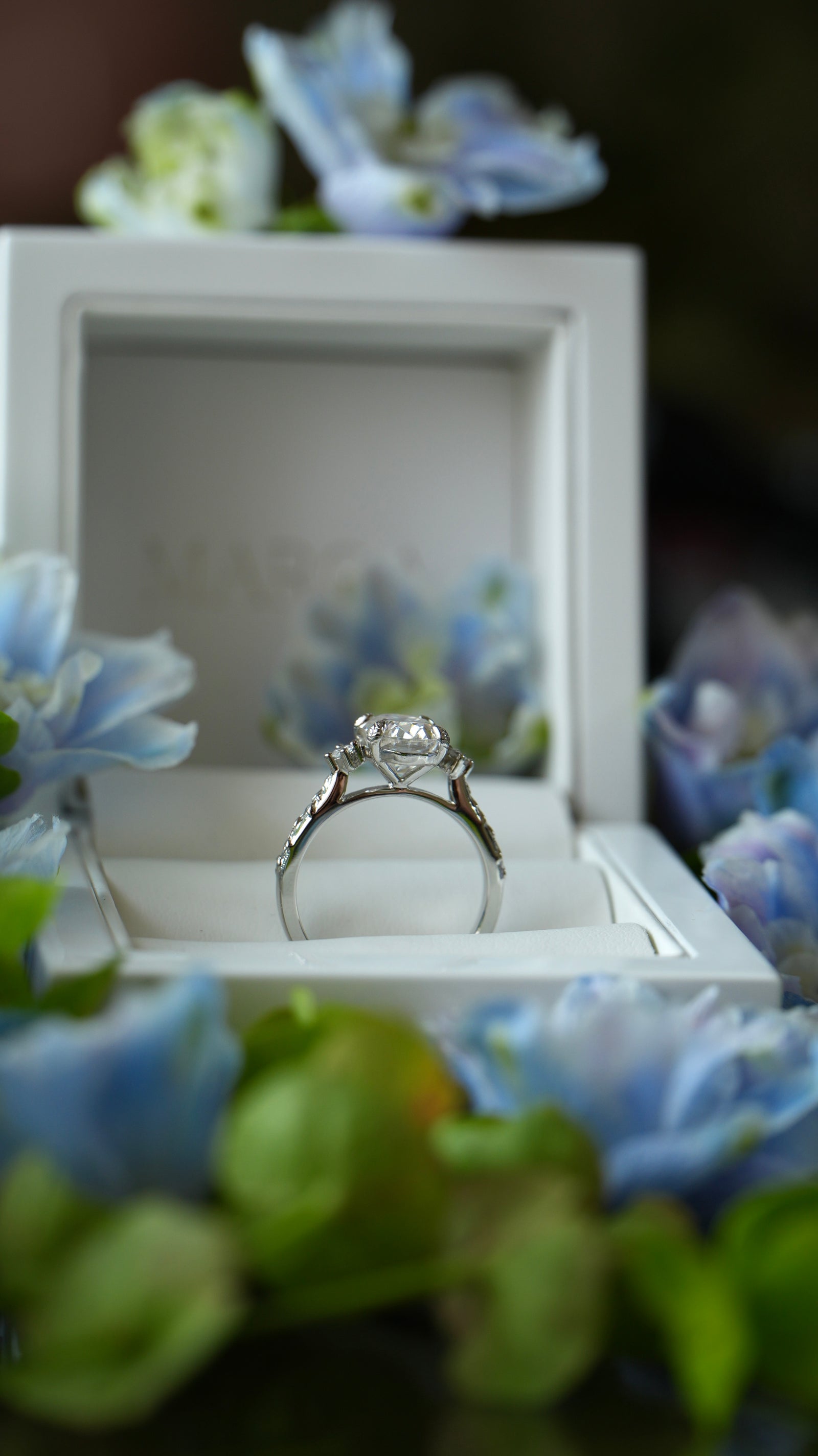 Engagement ring in a decorative box with floral elements