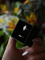 Black jewelry box with a diamond ring held by a hand against a blurred floral background