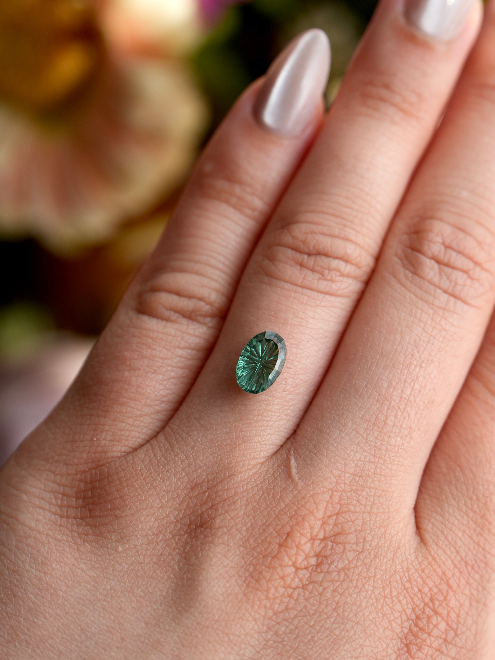 Fantasy cut Oval Lab Green Sapphire 9x6mm