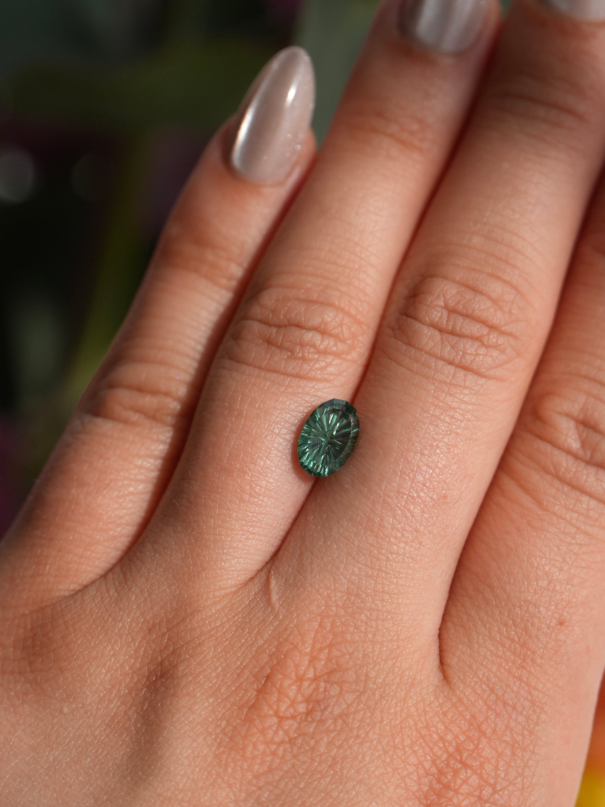 Fantasy cut Oval Lab Green Sapphire 9x6mm