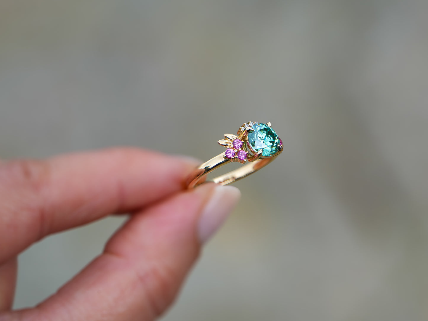 Regal | Green Moissanite, Pink Lab Sapphire & Lab Diamonds