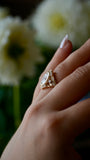 Close-up of a hand wearing a gold ring with a large gemstone against a blurred floral background