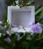 Diamond ring in a white box with 'MARCIA' branding, surrounded by flowers.
