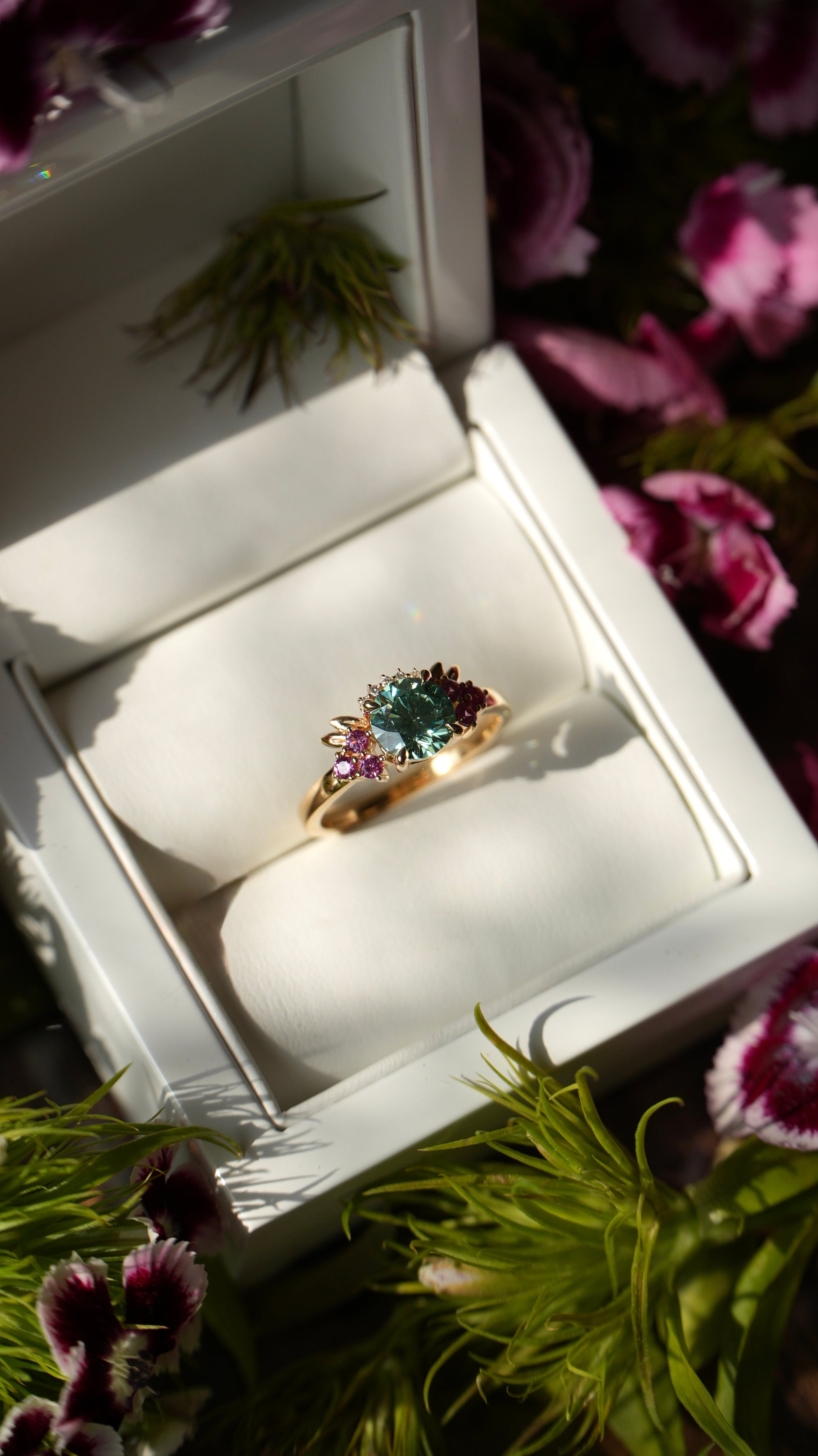Regal | Green Moissanite, Pink Lab Sapphire & Lab Diamonds