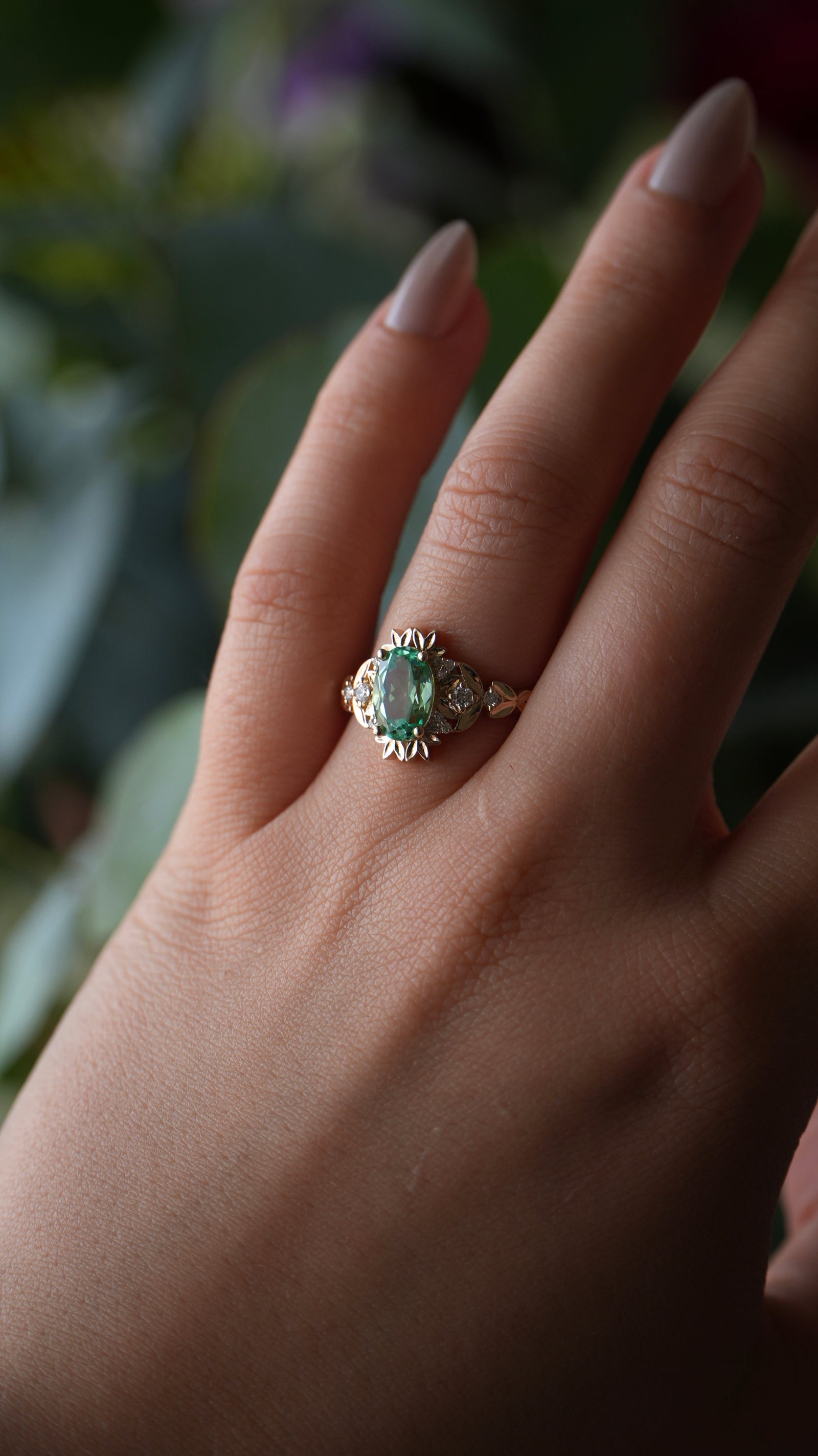 Laurel | Green Lab Sapphire 6x9mm & Lab Diamonds