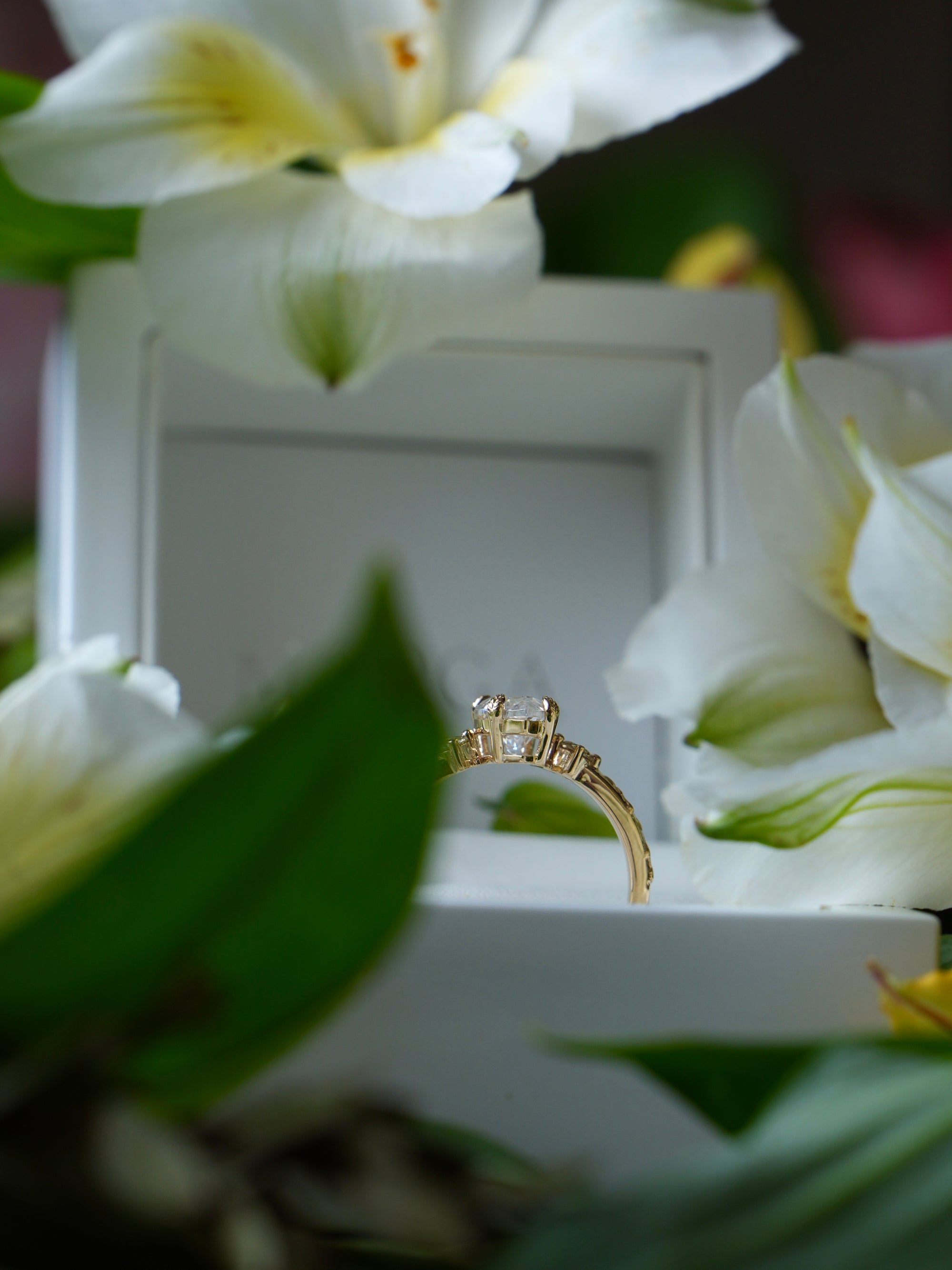 Gold ring on a white box with white flowers in the background