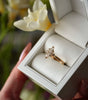 Gold ring with a diamond in a white box held by a hand, with a blurred floral background.