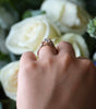 Hand wearing a ring with a diamond, held against a background of white flowers.