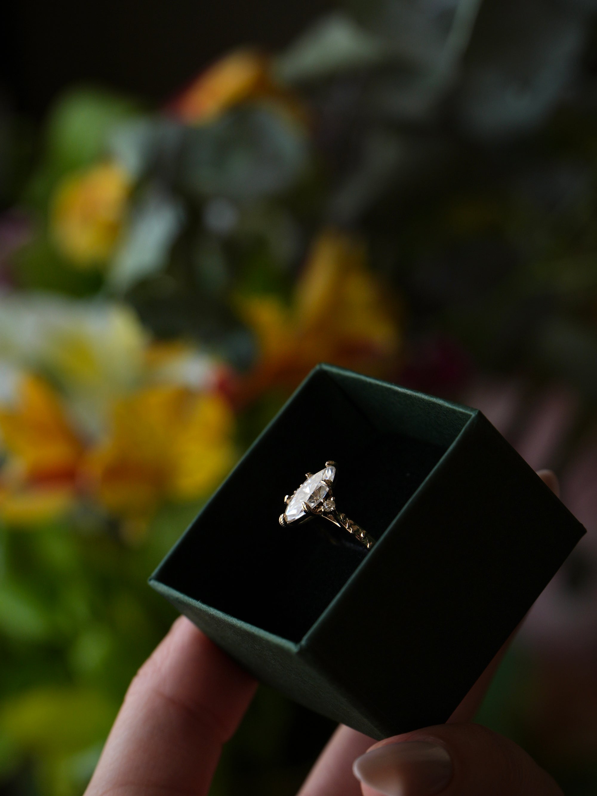 Willow | Marquise Moissanite, Lab Diamond Gold Leaves