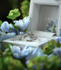 Silver ring in a white box with 'Marc' branding, surrounded by blue flowers.